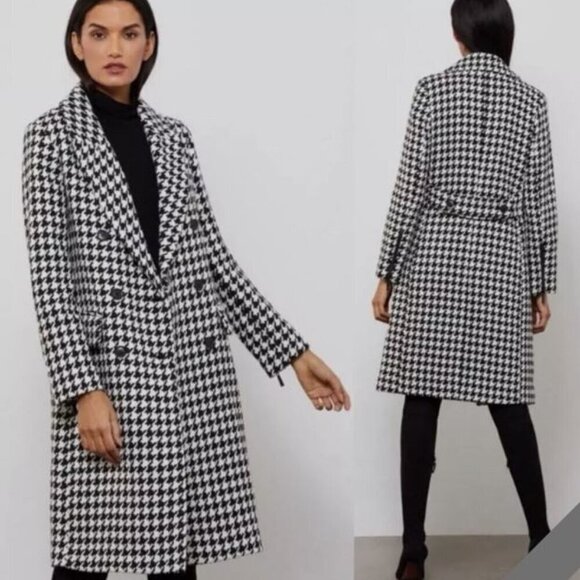 BCBGMAXAZRIA Black White Wool Blend Houndstooth Double Breasted Coat M New - Picture 1 of 7